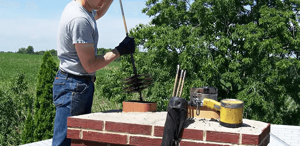 Chimney cleaning technician working on a rooftop chimney with professional tools in Memphis, TN