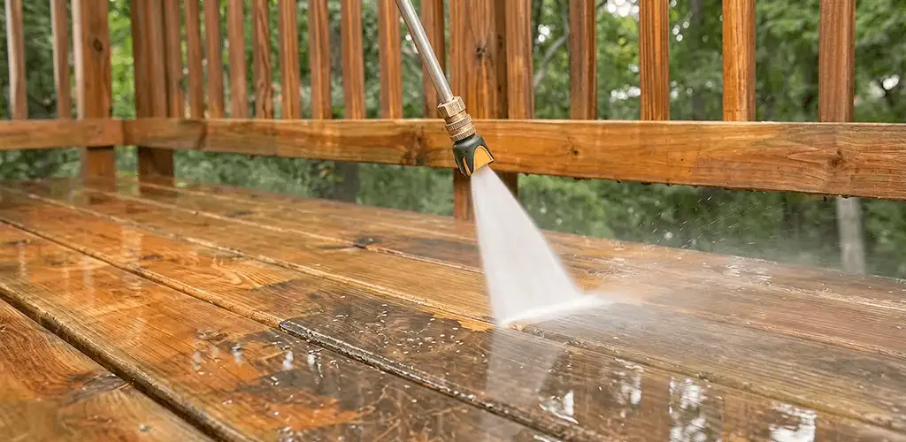 Pressure washing a wood deck to remove dirt and buildup in Memphis, TN