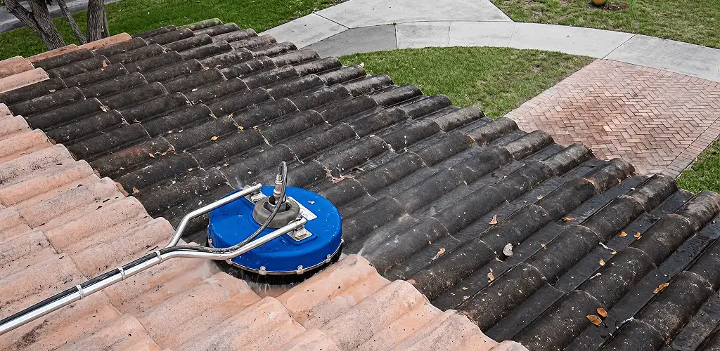 Roof pressure cleaning removing debris and buildup from roof tiles in Memphis, TN