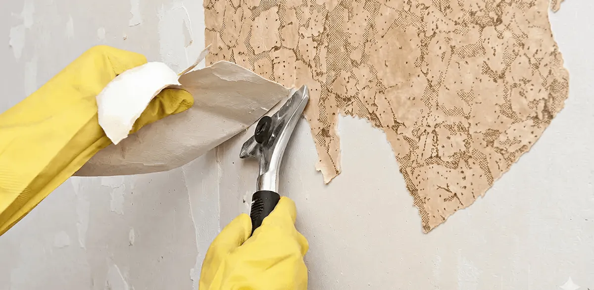 Wallpaper removal service stripping old wallpaper from a wall in Memphis, TN